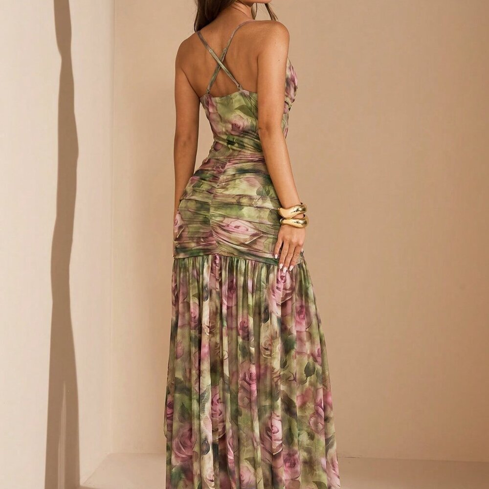 Green Boho Women's Fitted Mesh Deep Draped Neck High Slit Floral Print Dress - Picture 2 of 6